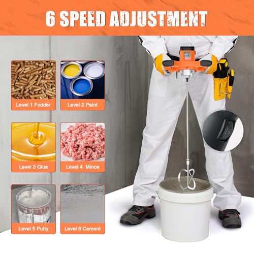 IMAYCC Handheld Concrete Mixer, Portable Cement Mixer,110V 6 Speed Mixing Drill, 2100W Drill Mixer for mud,Motar,Paint, Grout, Plaster,Thinset etc. - color: Orange