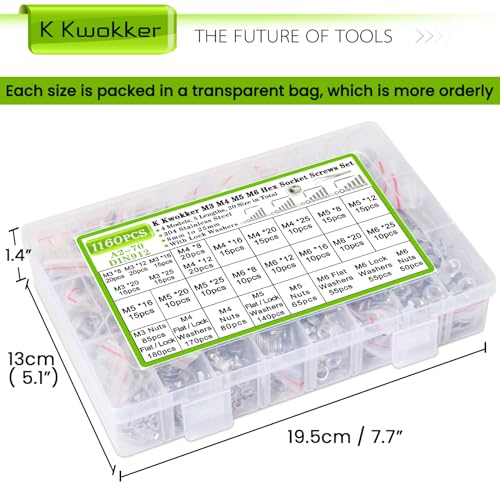 M3 M4 M5 M6 Hex Socket Bolt & Nut Assortment Kit, 1160Pcs - size: D. M3 M4 M5 M6