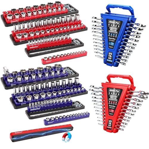 8-Piece Magnetic Socket and Wrench Organizer Set, Metric & SAE, 1/4", 3/8", 1/2"Drive Detachable Socket Storage Tray, 24-Slot Wrench Holder with Non-Slip Handle & Lock Cover for Toolbox Drawer Storage - style: 8-Piece Secure Locking Comb