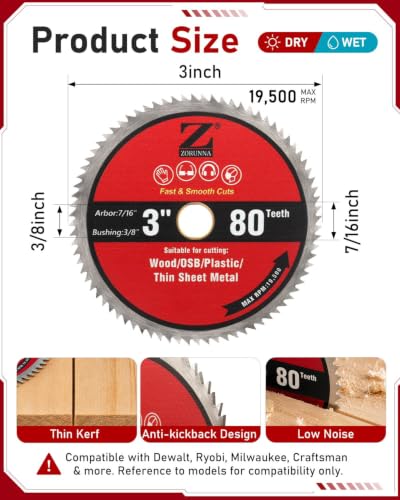 ZORUNNA 6Pcs 3 Inch Circular Saw Blade, 80T Wood Cut Off Wheel - size: 80T