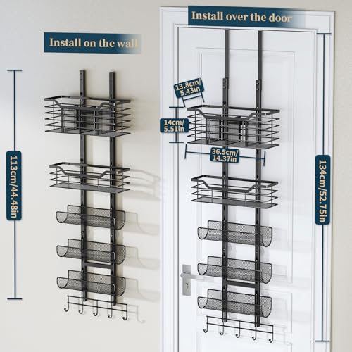 Consumest 6-Tier Hair Tool Organizer - Hair Dryer Holder Over The Door/Wall Mounted DIY Adjustable Shelf Bathroom Door Organizer with Hook for Curling Iron/Blow Dryer/Straightener Black