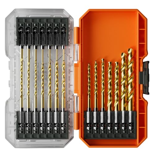 Klein Tools 53621 21-Piece Titanium Drill Bit Set, Impact-Rated, 1/4-Inch Hex Shank, Cuts Metal, Plastic, Wood, 15 Unique Sizes - size: 21-Piece Drill Bit Set