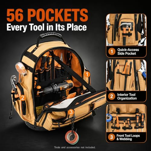 LOKASS Tool Backpack Heavy Duty, 18.5 in, 56 Pockets, Molded Bottom, Brown - color: Brown