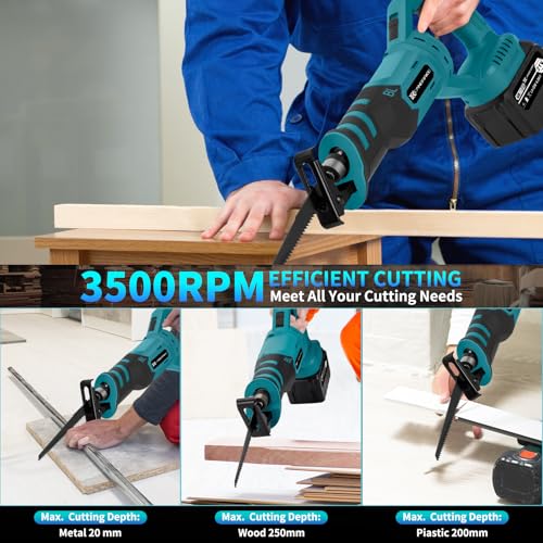 Cordless Rotated Handle Reciprocating Saw, 2 x 6.0Ah Battery, 12Pcs Blades, 28MM Stroke, 180° Cutting Angle, Wood/Metal/PVC