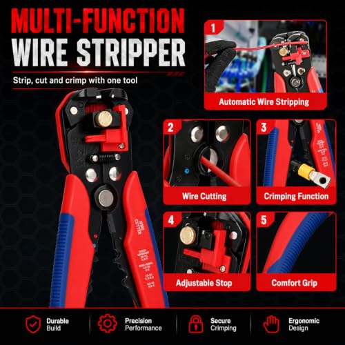 Ferrule Crimping Tool Kit, Square Crimping Plier + Automatic Wire Stripper, 2000PCS Ferrule Terminal Connectors 8 Sizes, for 0.5‑10mm² Electrical Wire, Professional Crimper Set for DIY and Electrician