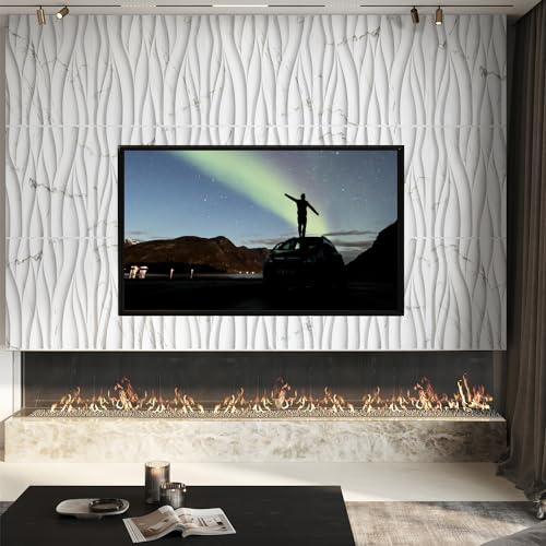 STICKGOO Wave 3D Wall Panels, White Marble, 19.7" x 19.7" - color: White Marble Mixed Gold Thread