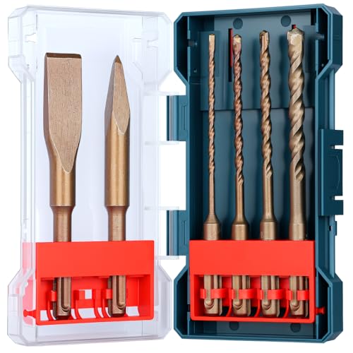 TGFTGF 6-Piece Rotary Hammer Drill Bit and Chisel Set, YG8C Carbide Tip, SDS Plus Concrete Drill Bits, Masonry Drill Bit Set for Stone Brick with Storage Case, Ideal Tools for DIY Home Gift Men Friend - size: 6PCS