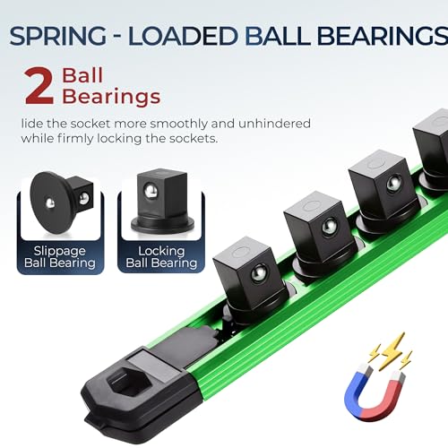 Reniteco Magnetic Socket Organizer, 3/8” Aluminum Alloy Rail, 14 Clips - color: Green, size: 3/8-inch Drive