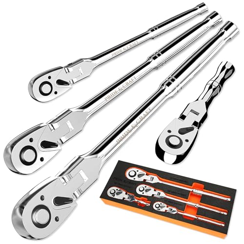 PRIDE&CRAFT 4-Piece Flex Head Ratchet Set, 1/4", 3/8", 1/2" Drive, 3/8" Stubby, 72-Tooth, Socket Wrench Quick Release Reversible Design, Swivel Head Ratchet, Chrome Alloy Made, EVA Organizer - style: 4pc Flex Head
