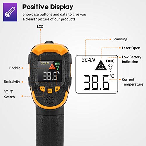 Infrared Thermometer Non-Contact Digital Laser Temperature Gun -58℉～1112℉(-50℃～600℃) Adjustable Emissivity IR Temp Gun - for Cooking, BBQ, Food, Fridge, Pizza Oven, Engine - Meat Thermometer Included