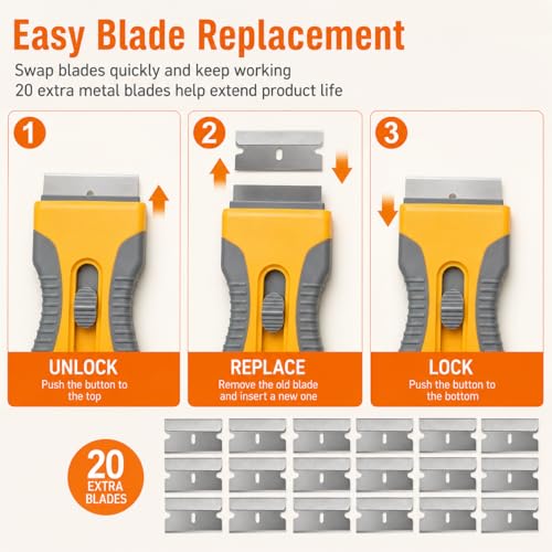 Razor Blade Scraper Set, 2 Safety-Lock Handles + 20 Steel Blades - size: 2pack+20pcs