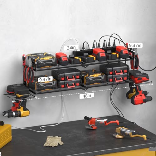 CCCEI Large Garage Tools Storage with Charging Station. Power Tool Battery Organizer Utility Shelf with Power Strip. 4 Drills Holder Wall Mount Rack. - size: Large, style: 2 Layer
