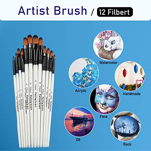 Falling in Art 12 PCS Professional Filbert Paint Brushes Set - size: 12 Pcs Filbert Nylon
