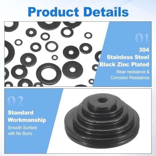 uxcell 75Pcs M5 304 Stainless Steel Flat Washers, ID 5mm, OD 20mm, Thickness 1mm Round Metal Washers for Screws Bolts, Outdoor Construction, Black - size: M5*20*1mm