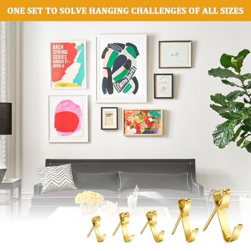 KURUI 214Pcs Picture Hanging Hooks, Renter Friendly Picture Hanging Kit with Heavy Duty Picture Hangers and Hardware Nails, for Frame, Painting, Art and Photo, on Drywall,Plaster, and Wood Wall - color: Gold