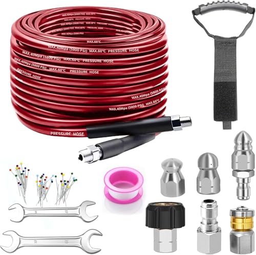 50FT Sewer Jetter Kit for Pressure Washer, 5800PSI Drain Cleaner Hose - color: Red-50FT hose
