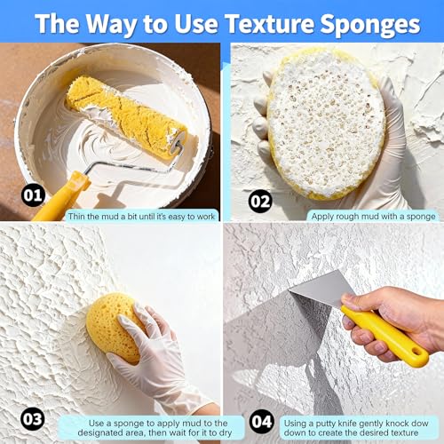 Drywall Texture Repair Kit, 4 Knockdown Texture SpongesandGloves, for DIY Wall & Ceiling Patch, Matching Orange Peel & Splatter Texture
