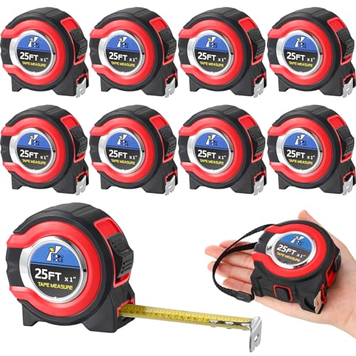 Youyole 10 Pack Tape Measure with Fractions 1/8 Steel Measuring Tape Retractable Easy Read Measurement Ruler Steel Power Blade (25 ft X 1 in,Red) - color: Red