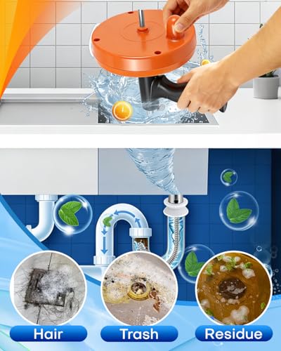 Drain Auger, 25FT Drain Snake with Drill Adapter, Flexible Plumbing Snake Clog Removal Tool with Gloves & Cloth Bag, Use Manually or Powered for Kitchen Bathroom Shower Sink - color: Orange 3