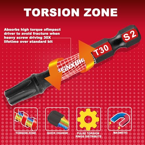 Geinxurn 15 Pieces T30 Impact Tough Magnetic Screwdriver Bit Set, 2 In. #30 Torx Head Power Bit Set, S2 Alloy Steel T30 Star Bit Set - size: 2"-15PCS, style: T30