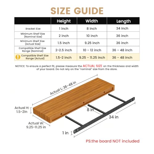 2pcs Floating Shelf Bracket Heavy Duty,Decorative Floating Shelf Hardware Hidden Black Metal Fireplace Mantel Brackets Without Jig (34"X8"X1.0" Without Tools) - size: 34"X8"X1.0"