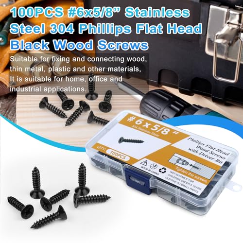 100PCS #6 x 5/8" Black Wood Screws, Flat Head Stainless Steel Sheet Metal Screws, Fast Self Tapping Screws for Deck Drywall Concrete Screws with Screwdriver Bit - style: Black #6X5/8" Flat Head 100PCS