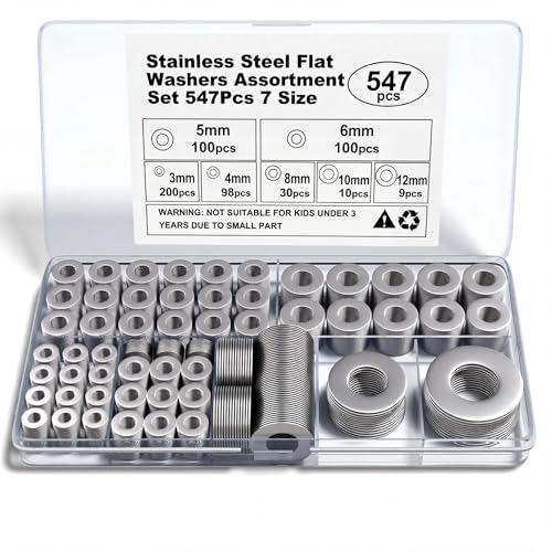 Stainless Steel Flat Washers Assortment, 18-8 (304) Stainless Steel, 547-Piece Set (Assorted Metric Sizes M3-M12, 3mm, 4mm, 5mm, 6mm, 8mm, 10mm, 12mm) with Plastic Storage Case