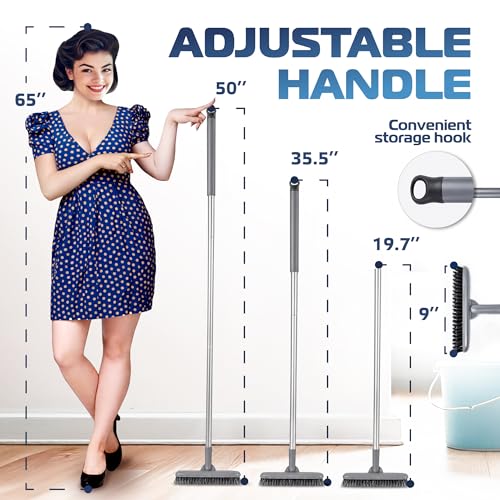 DSV Standard Grout Scrub Brush with Long Handle, 50'' Tile Grout Scrubber, V-Shape Crevice Cleaning Brush for Hard to Reach Areas, 180° Rotation Grout Cleaner for Tile Floors, Baseboards and Corners