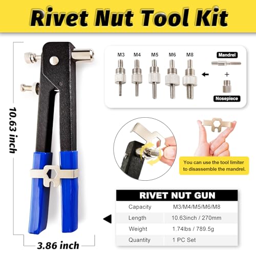 KADRICK Rivet Nuts Tool Kit with 560PCS Metric Threaded Rivets (M3 M4 M5 M6 M8), Heavy-Duty 16" Rivet Nut Gun with 5 Mandrels, Nutsert Tool Kit for Metal, Automotive, DIY Projects - size: Metric Tool Kit 560Pcs