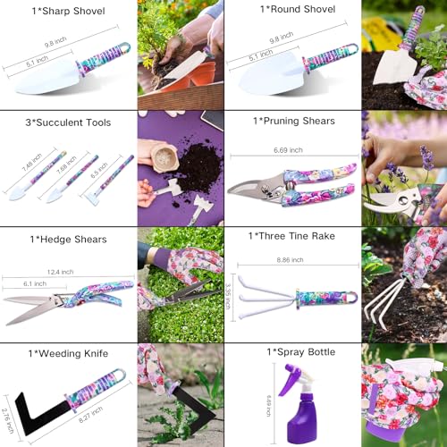 Garden Tools Set, JUMPHIGH 10 Pieces Gardening Tools with Floral Print, Ergonomic Handle Trowel Rake Weeder Pruner Shears Sprayer, Garden Hand Tools with Carrying Case Gardening Gifts for Women Father - color: Purple