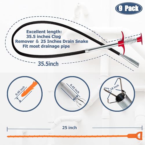 Drain Snake Hair Clog Remover Tool Set - 9 Pack Deep Cleaning Kit | 35.5" 4-Claw Metal Grabber | 25" Flexible Drain Snake | Pipe Brushes, For Sink, Shower, Tub, Toilet, Kitchen, Bathroom, Sewer