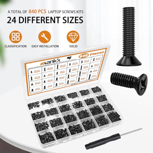 mankk 840PCS Laptop Screws 24 Sizes M1.4/1.7/2/2.5/3 Replacement Computer Tiny Screws Motherboard Screw with Screwdriver for Laptop PC Repair & DIY M-165-840PCS - color: Black-840PCS