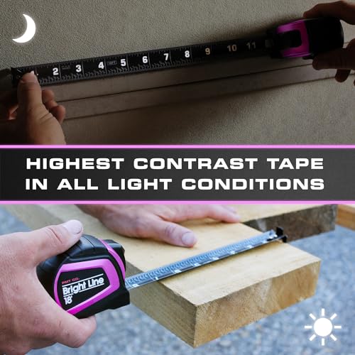 Perfect Measuring Tape - Pink BrightLine High Contrast EasyRead Tape Measure for Low Light (Dark Mode) - Rubber Case 18ft (Inch Fractions) Dual Sided Auto Lock Tape Measure Retractable (Pink) - color: Pink