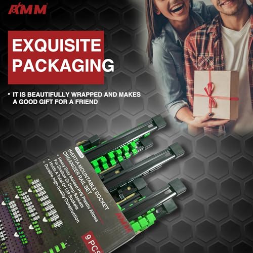AMM 9-Piece Socket Organizer, 1/2 inch, 3/8 inch and 1/4 inch Drive ABS Tools-Green Socket Holder,Heavy Duty Socket Racks, Premium Quality Socket Clip Rail Holder,The Best Tool Trays in The Garage - color: Green, size: 9PC