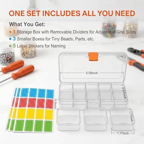 10 Grids Bead Organizer with Adjustable Dividers, 1.10"x1.29" Each Grid, Plus 3 Mini Storage Box for Jewelry, Fishing Hooks, Art Craft, Office Supplies - color: Clear-S
