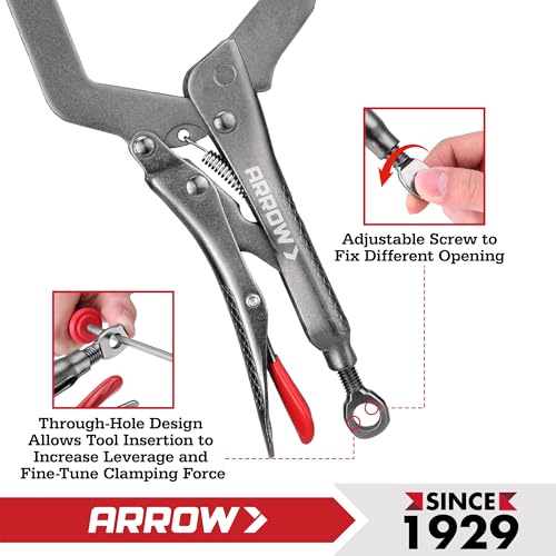 ARROW 6 Inch C-Clamp Locking Pliers with Swivel Pads, Through-Hole Adjustment, One-Handed Release Trigger, Heat-Treated Steel Welding Clamp for Woodworking and Metalworking - size: 6 inch