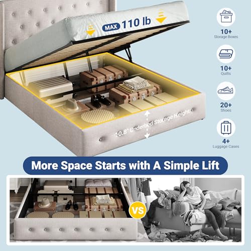 Allewie Full Size Lift Up Storage Button-Tufted Bed Frame Light Beige - color: Beige, size: Full, style: Traditional