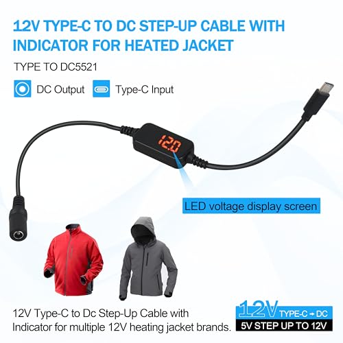12V Heated Jacket Step-Up Cable Type C to DC 5.5mm for Milwauk-ee M12 | Compatible with Snap-on, Metabo, Craftsman, M12, Makita, AEG 12V heated jackets, powers via Type-C power bank