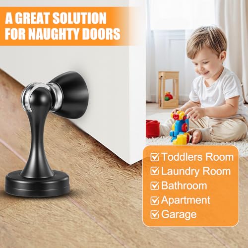 6 Pcs Magnetic Door Stoppers, Stainless Steel Heavy Duty Magnetic Door Stops for Wall and Floor Mounting, Door Holder Keep Door Open (Black)