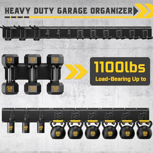 96" Garage Tool Organizer Wall Mount, 1250lbs Heavy Duty Garden Tool Storage Rack with 15 Adjustable Hooks for Yard, Shed, Garage (6 Racks, 15 Hooks, 2 Straps, Steel) - size: 96inch