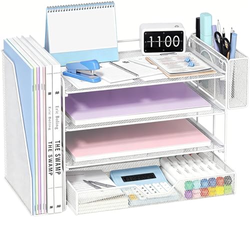 OPNICE Desk Organizers and Accessories, 4-Tier Desktop File Organizer with Drawer and Pen Holders, Office Desk Accessories Workspace Organizers for Office Supplies (Soft White) - color: Soft White, size: 4T