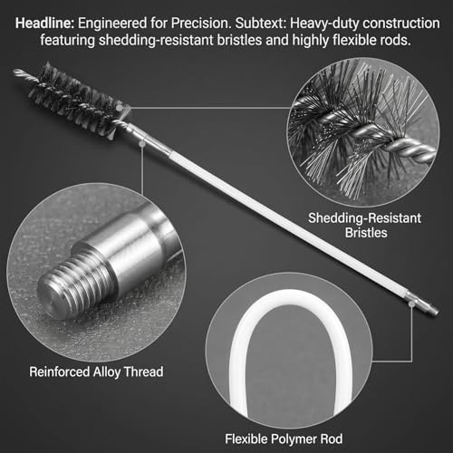 QWORK 50" Pipe Cleaning Brush Set with Stainless Steel Bristles and 4 Flexible Rods, Wire Tube Brush Kit for Auto Parts Bottles Valves Pipes Lab Equipment, 4 Brush Heads 3/5" 1" 1-3/5" 2"