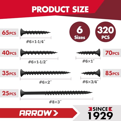 Arrow Drywall Screws Assortment Kit, 320pcs #6 & #8 Black Wood Screws