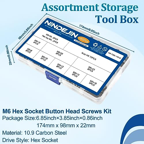 NINDEJIN M6 Button Head Socket Cap Bolts Screws, Metric M6 x 8/10/12/14/16/18/20/25/30mm Screws Bolts Nuts Assortment Kit, 146Pcs Allen Hex Drive, Black Oxide, 10.9 Carbon Steel, Fully Threaded - size: 146PCS M6 8mm-30mm