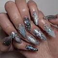 Medium Almond Press On Nails Blue with French Tip Y2K Bow Heart - color: Style14