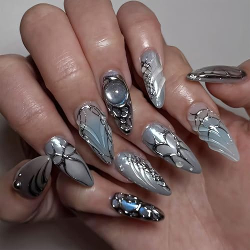 Medium Almond Press On Nails Blue with French Tip Y2K Bow Heart - color: Style14