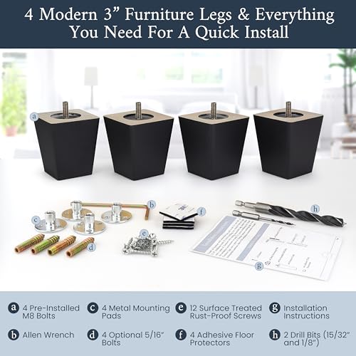 Airy Abode Premium Black Square Furniture Legs (Full Install Kit) - Pick Your Size and Color - color: Black, size: 3 Inches
