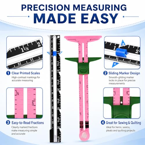 5 Piece Sewing Gauge Set, 5-in-1 Sliding Ruler & Seam Gauge, Pink - color: Pink