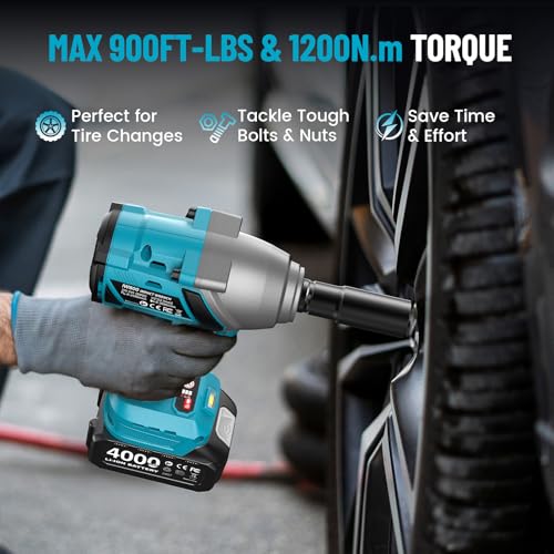 1000Nm(738ft-lbs) Cordless Impact Wrench High Torque, 1/2 Power Battery Impact Gun w/ 2x 4.0Ah Battery, Fast Charger, 5 Sockets, Storage Tool Box & Variable Speeds for Car Tire Truck RV Mower