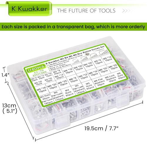 M3 M4 M5 M6 Nuts and Bolts Assortment Kit 20 Size 8MM to 25MM 304 Stainless Steel Hex Button Head Cap Metric Machine Screws, 1160Pcs Silver Bolts and Nuts Kit with Lock Washers for Screws - size: J. M3 M4 M5 M6